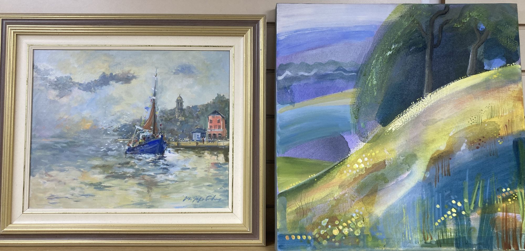 John Jago..., oil on canvas, Fishing boats off the coast, 32 x 40cm and an oil and acrylic on canvas by Kate Penoyre, Buttercup Field,